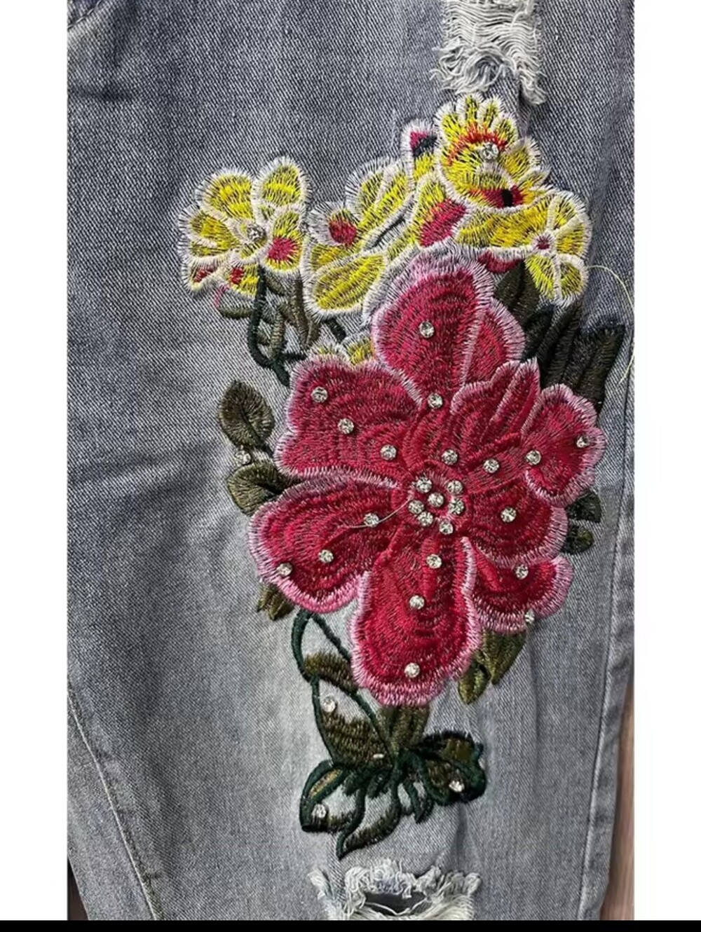 Light Wash Women's Jeans with Pink Floral Applique - Picture 6 of 6